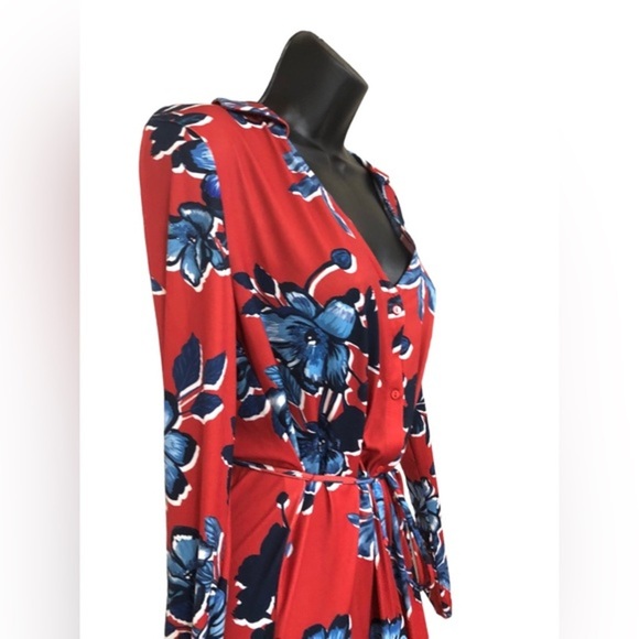 Zara red & blue floral v-neck button front belted‎ midi dress size small new - Picture 14 of 16